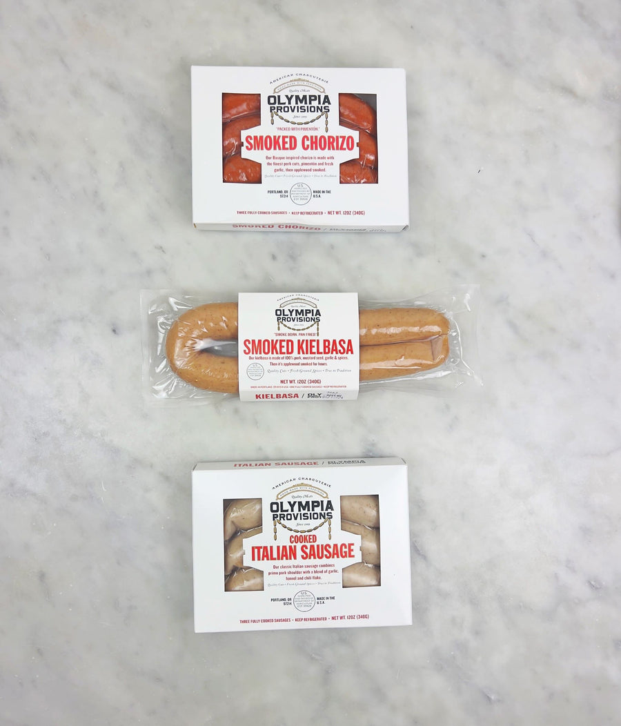 olympia proisions smoked chorizo and smoked kielbasa as well as itlian sausage