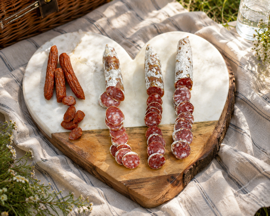 Three types of cured sausage, including whole salami sticks, sliced salami, and dried pepperoni pieces, arranged on a heart-shaped wooden and marble serving board on a striped picnic blanket.