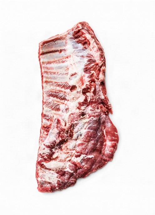 Raw pork ribs with bone and fat marbling, photographed on a plain white background.