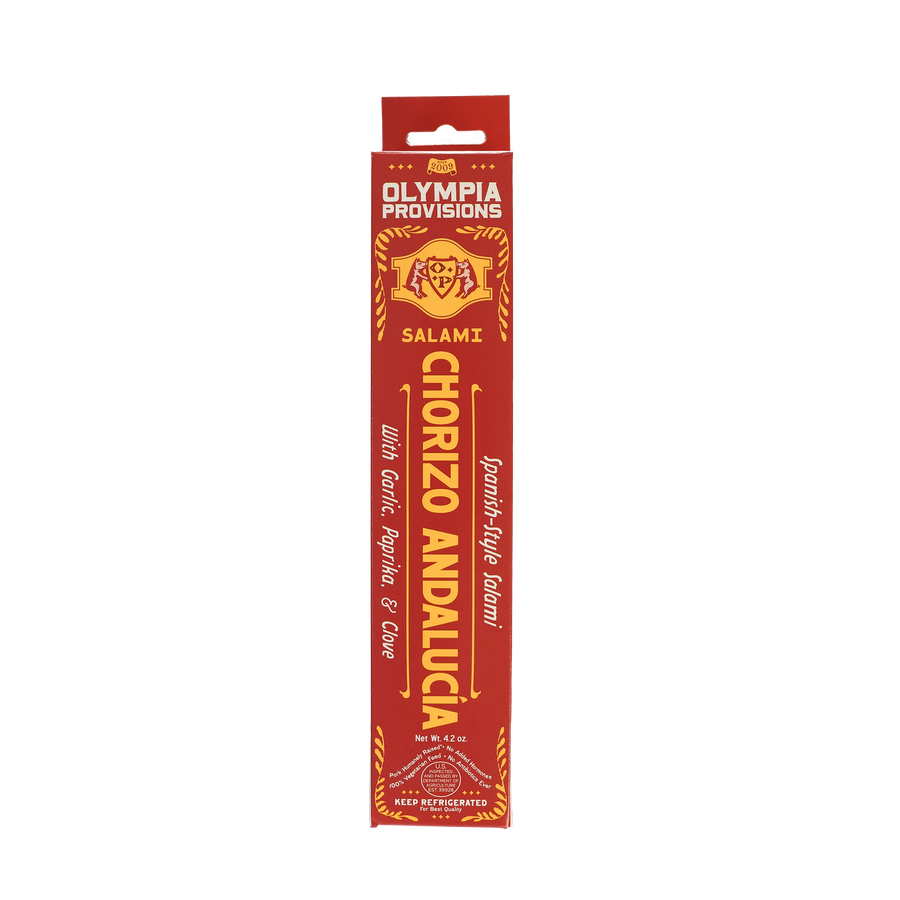 Olympia Provisions Chorizo Andaluca with garlic, paprika, and clove, packaged in a red box.