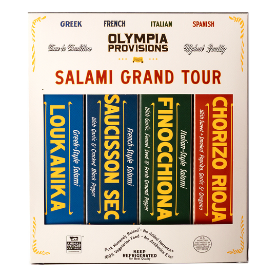 Four Olympia Provisions European-inspired salamis in boxes, packed in a cream box labelled "Salami Grand Tour"