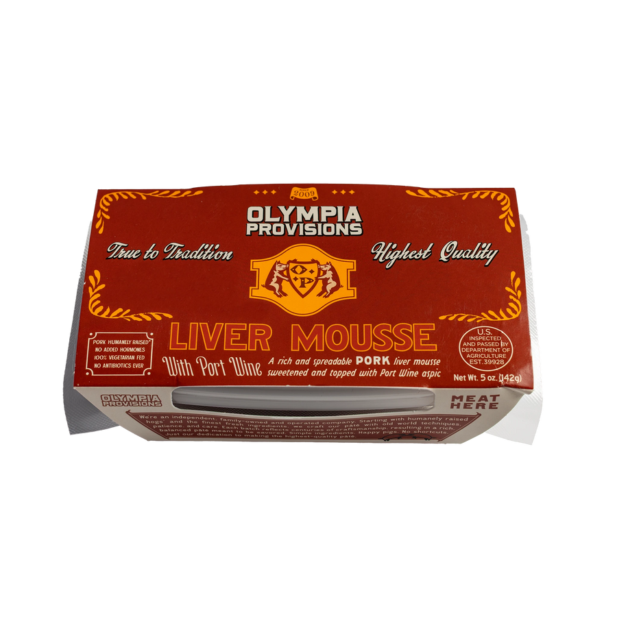 Olympia Provisions Liver Mousse with port wine, in red packaging.