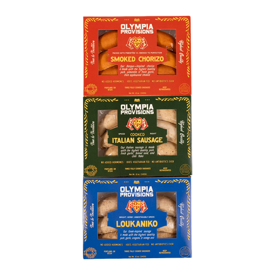Olympia Provisions Smoked Chorizo sausage, Italian Sausage, and Loukaniko Sausage.