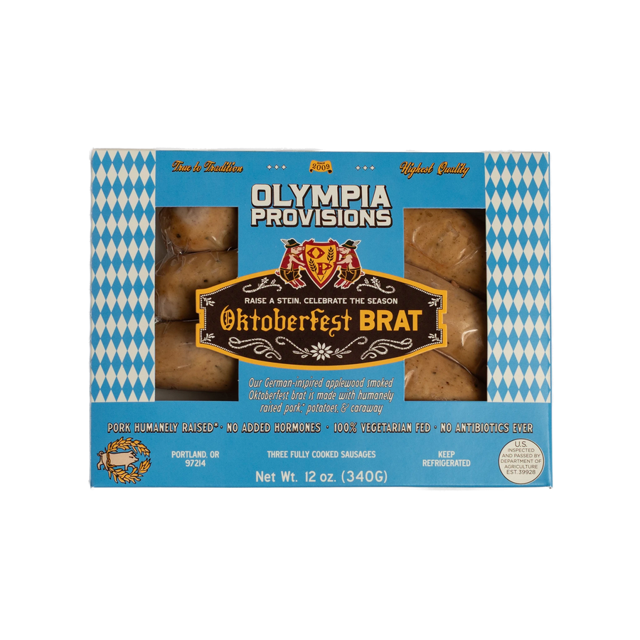 One pack of Olympia Provisions Oktoberfest Brat containing three links of sausage, packages in a blue box with white and blue diamond accents.