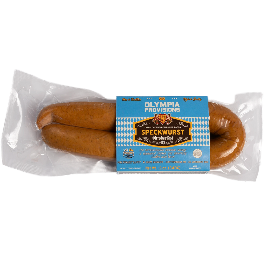 One pack of Olympia Provisions Speckwurst with a blue label on a transparent background.